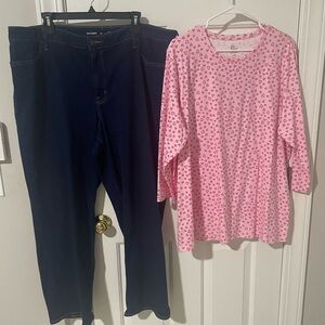 Pink Heart Pattern Top 2x and Dark Blue Jeans sz22 old navy